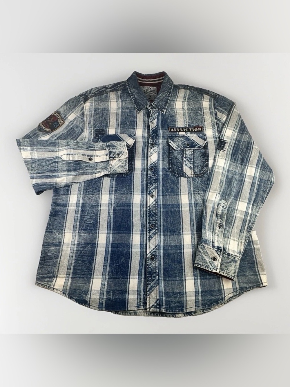 Affliction Black Premium 2XL Blue Plaid Acid Wash Button Up Y2K Biker Western